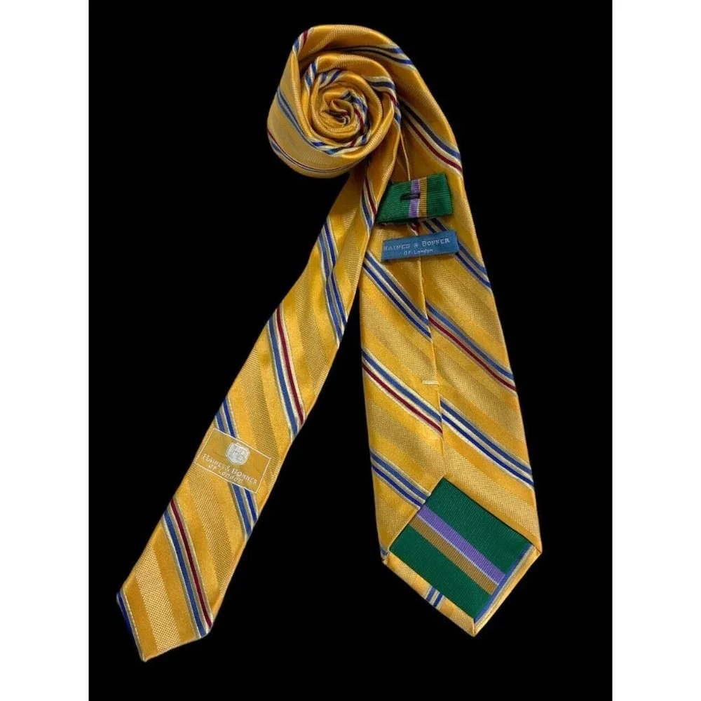 🆕HAINES & BONNER Yellow Striped Silk HANDMADE Tie 60